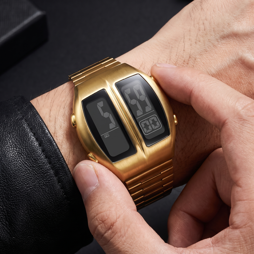 Unisex retro square digital watch in gold with black display. Timeless everyday fashion accessory, water resistant.