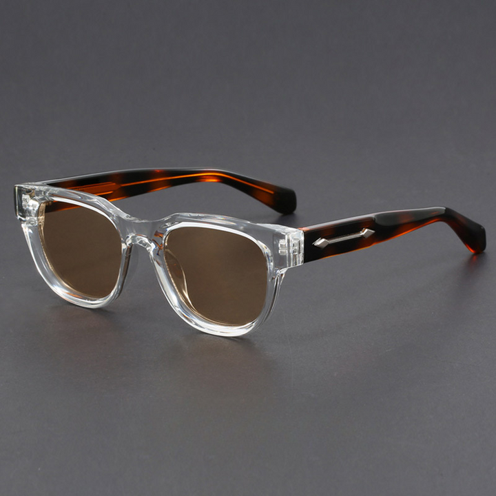 Detail shot of unisex retro square polarized sunglasses frame and UV400 lenses, showcasing quality design.