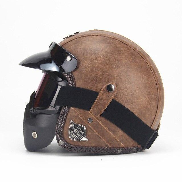 Stylish unisex retro vintage open face motorcycle helmet in brown, classic protective gear for riding.