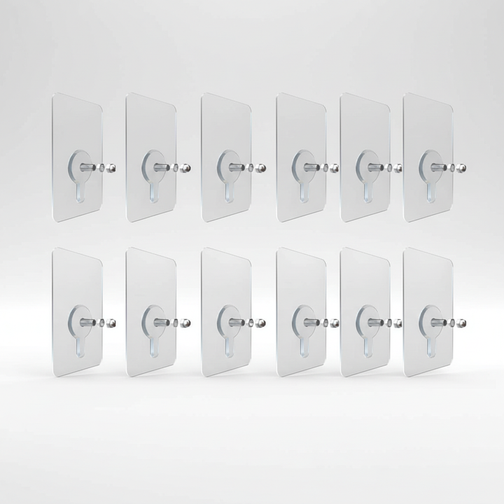 StickBolt self-adhesive wall hooks, clear PVC for bathroom/kitchen storage, damage-free
