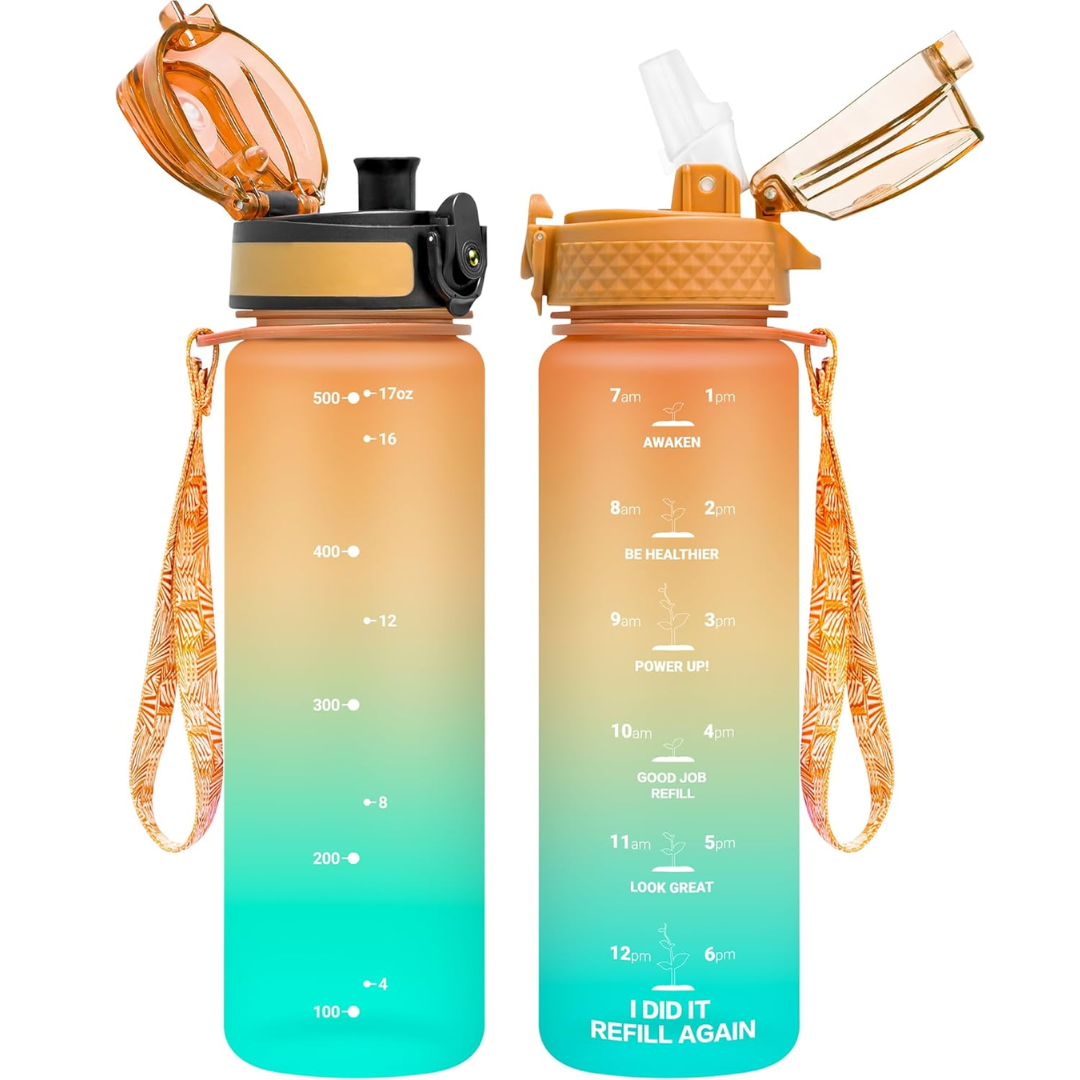 Unisex reusable Tritan water bottle with interchangeable straw and chug lids for versatile hydration.