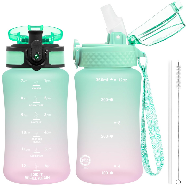 High-quality Tritan water bottle, BPA-free. Equipped with both straw and chug style drinking lids.