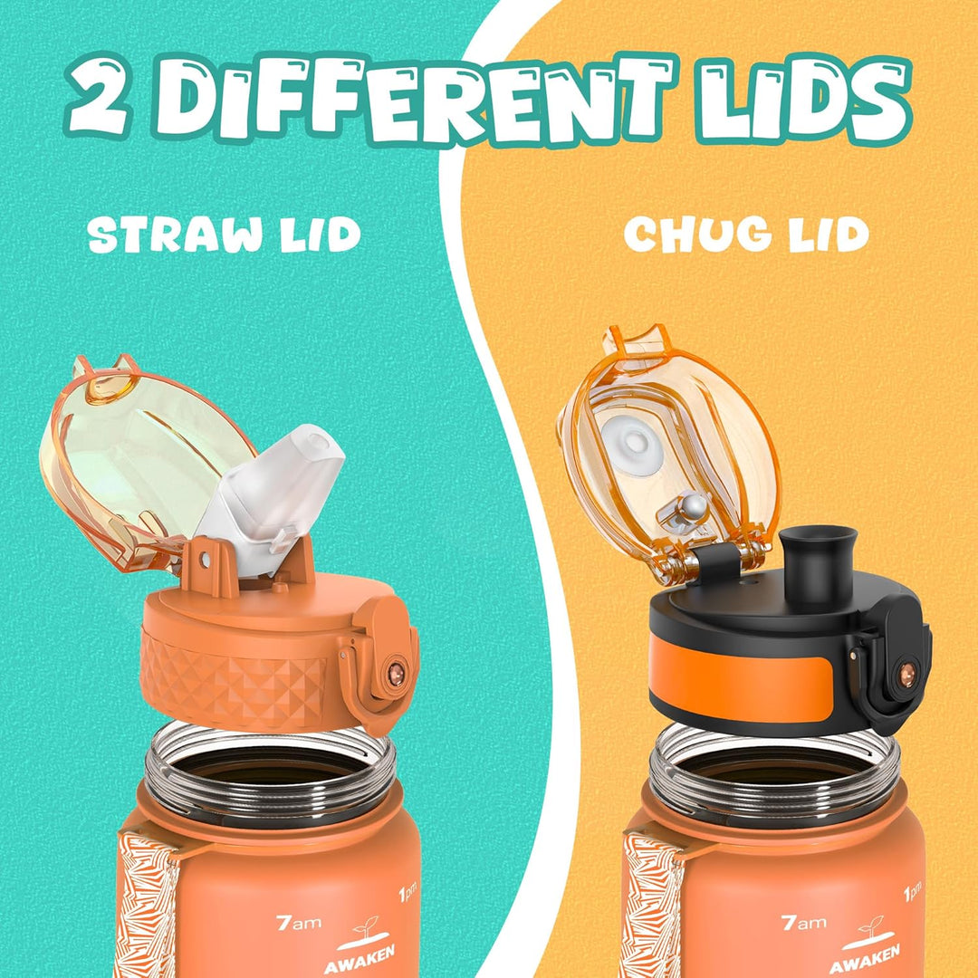 All-in-one Tritan water bottle: reusable, BPA-free, leak-proof, and comes with straw & chug lids.