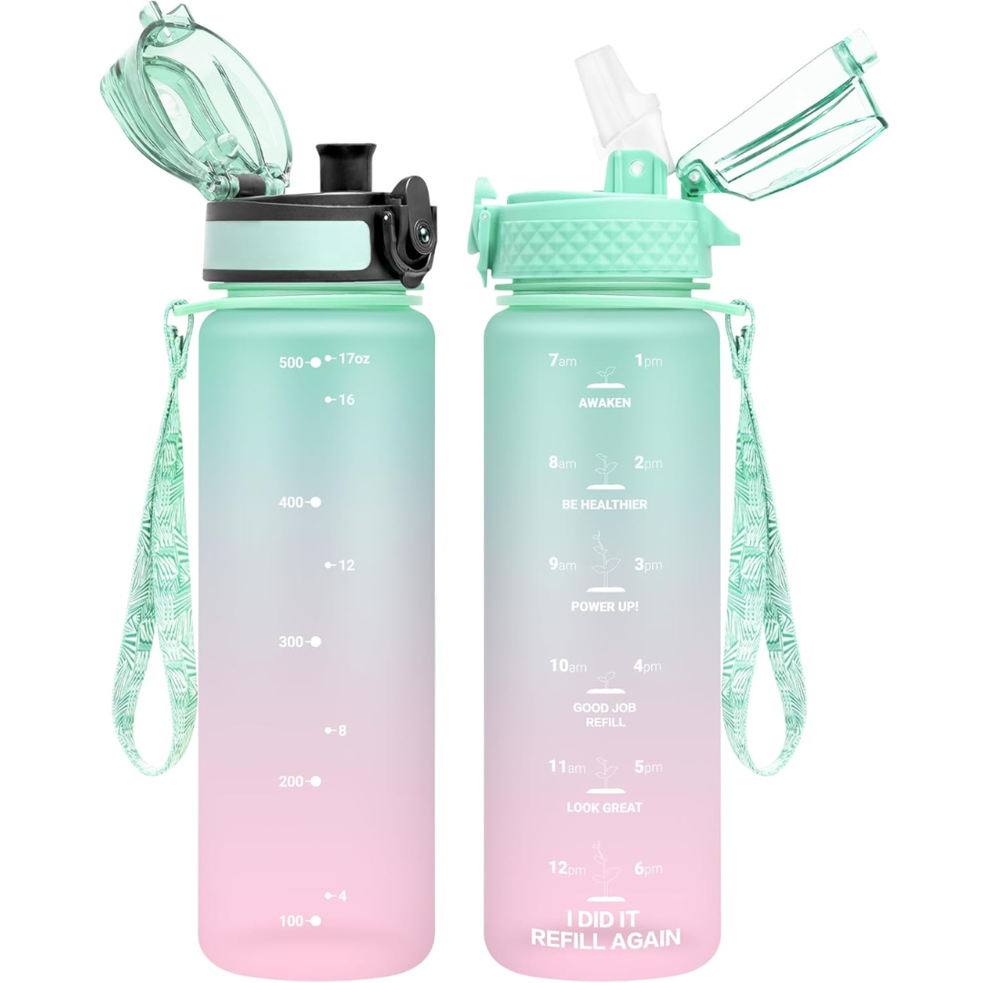 Portable sports water bottle with straw & chug lids, perfect for gym, outdoor activities, & travel hydration.
