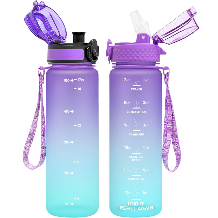 Durable Tritan plastic water bottle, reusable & BPA-free, includes straw and chug caps for active lifestyles.