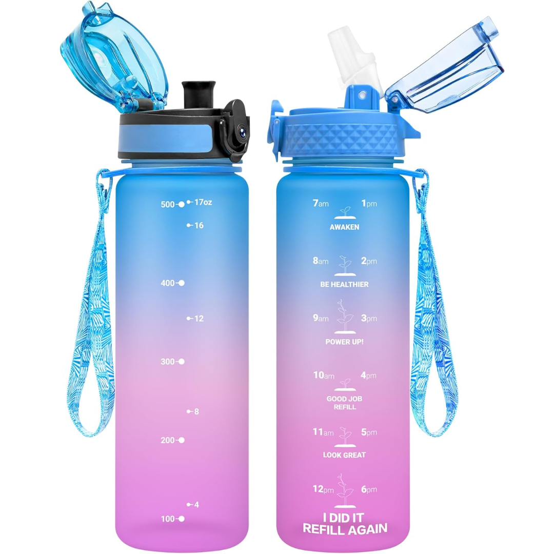 Eco-friendly reusable Tritan water bottle, with convenient straw & chug lids, promotes sustainable hydration.