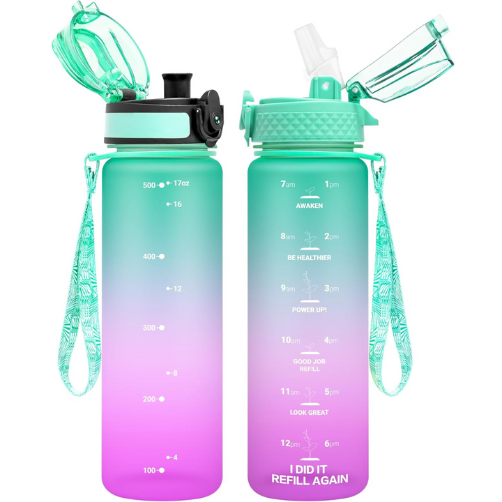 Lightweight portable Tritan water bottle, includes both straw & chug lids, great for on-the-go hydration.