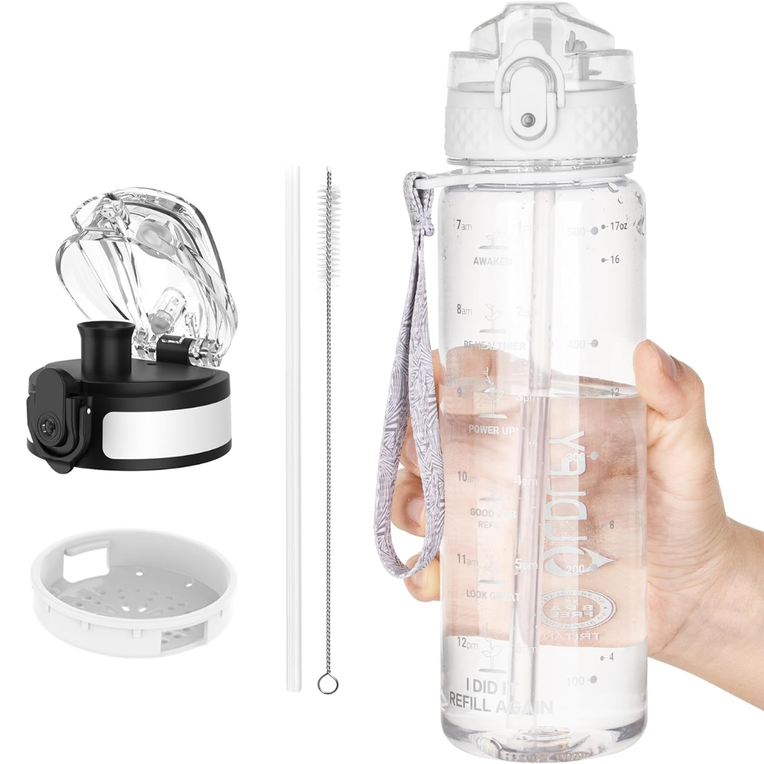 Versatile Tritan water bottle, BPA-free and leak-proof, comes with a straw lid and a chug lid.