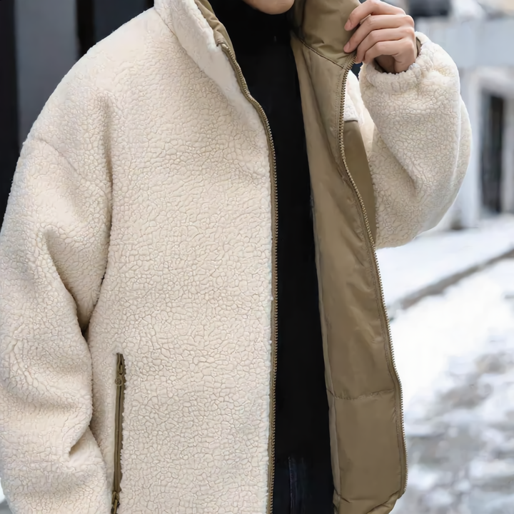Unisex Reversible Winter Jacket, warm & versatile with utility pockets, perfect for stylish cold weather protection.