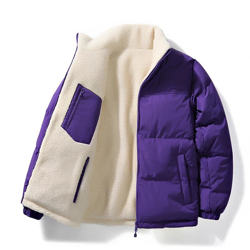 Durable reversible unisex winter jacket, ideal for casual cold weather wear, providing warmth and versatile style.