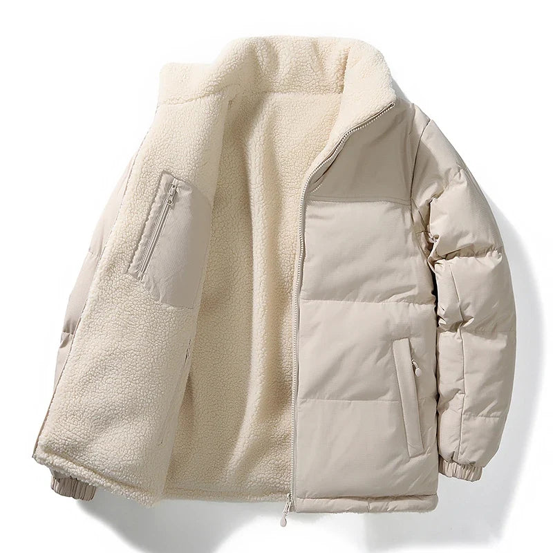 Warm unisex reversible winter jacket, multi-color design with utility pockets, perfect versatile cold weather outerwear.