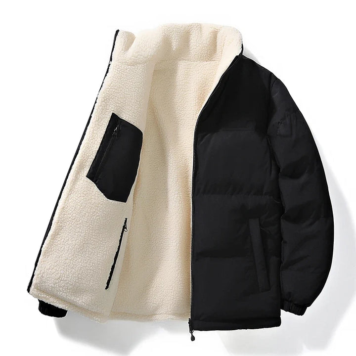 Stylish multi-color reversible winter jacket, a warm unisex coat for versatile cold weather fashion and comfort.