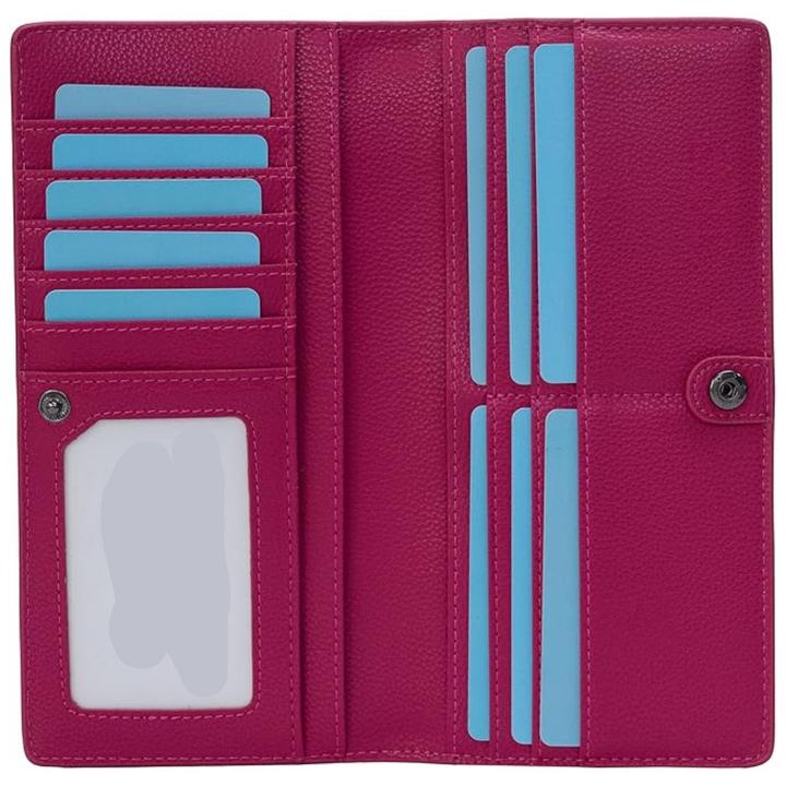 Unisex RFID blocking slim wallet in green leather, emphasizing its compact size for everyday use