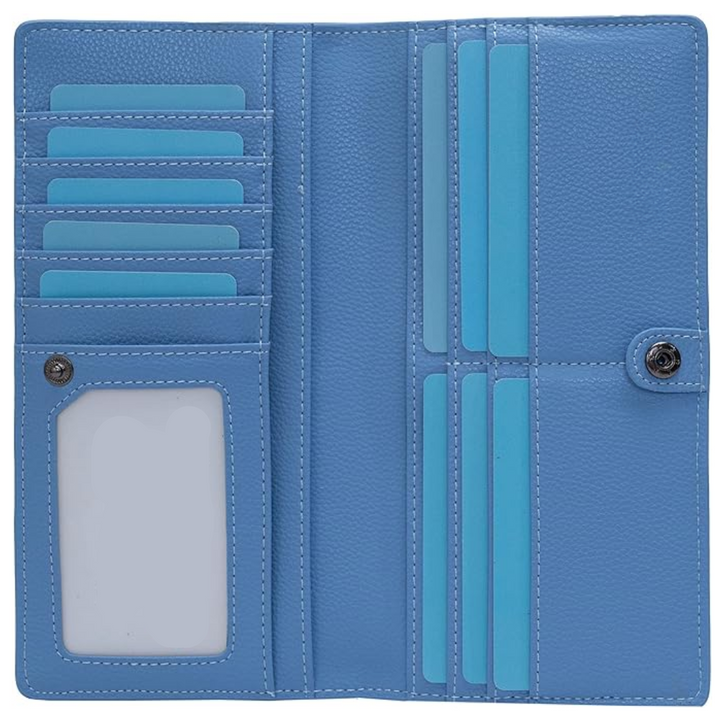 Collection of unisex RFID blocking slim leather wallets in various colors, fashion accessories