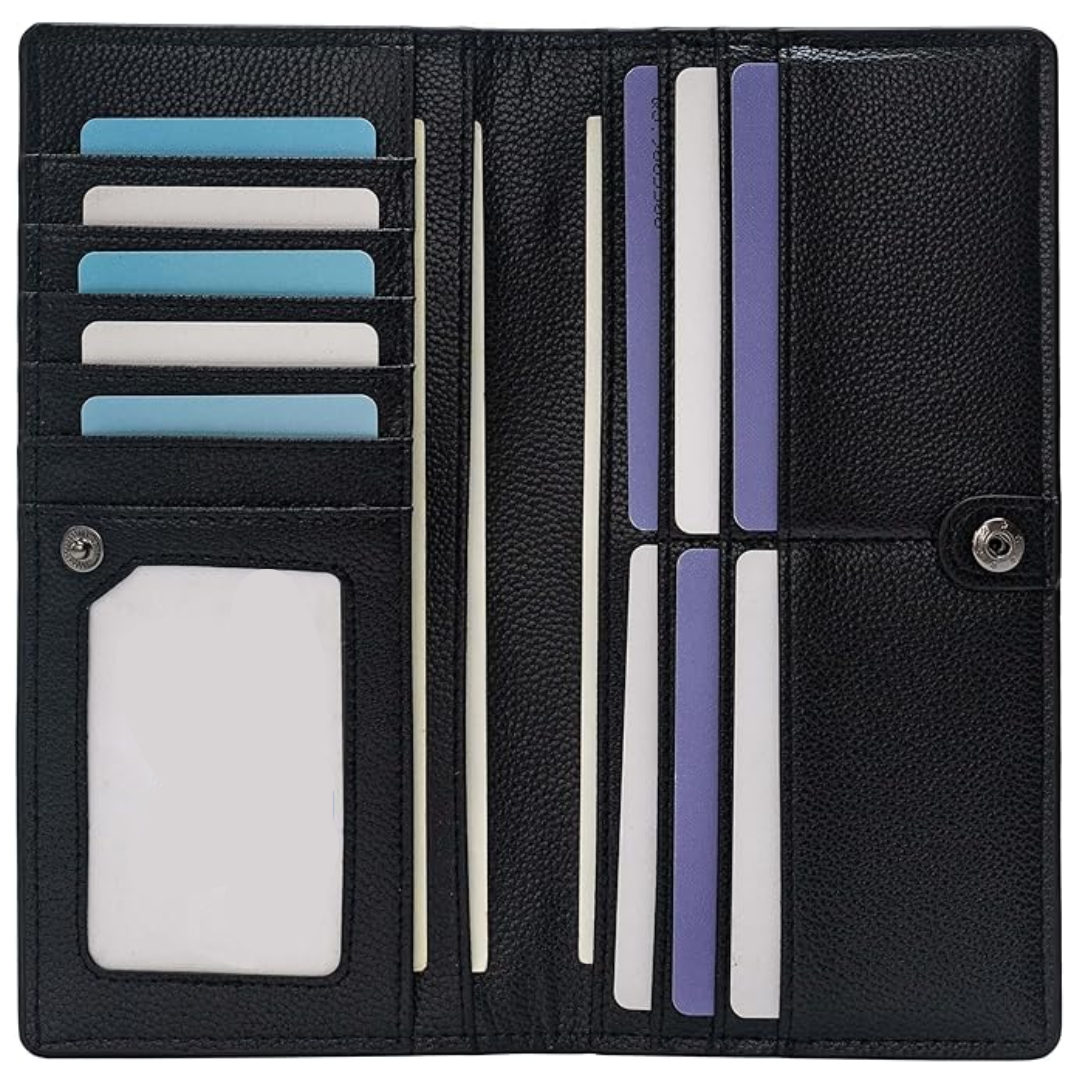 Detail of the secure stitching on a black RFID blocking leather card wallet, quality craftsmanship