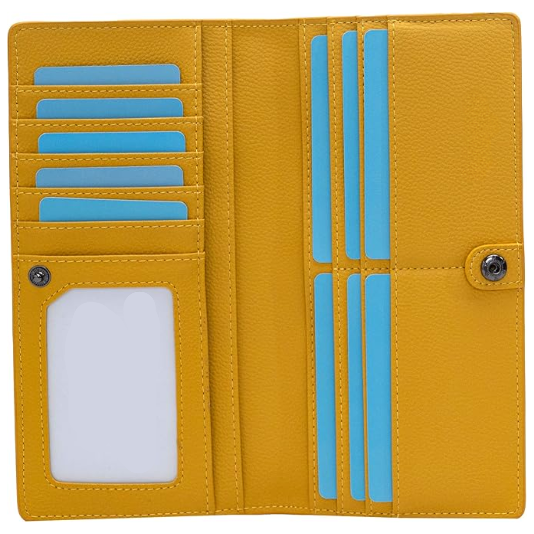 Slim brown leather RFID blocking bifold wallet, open to show secure card and cash sections