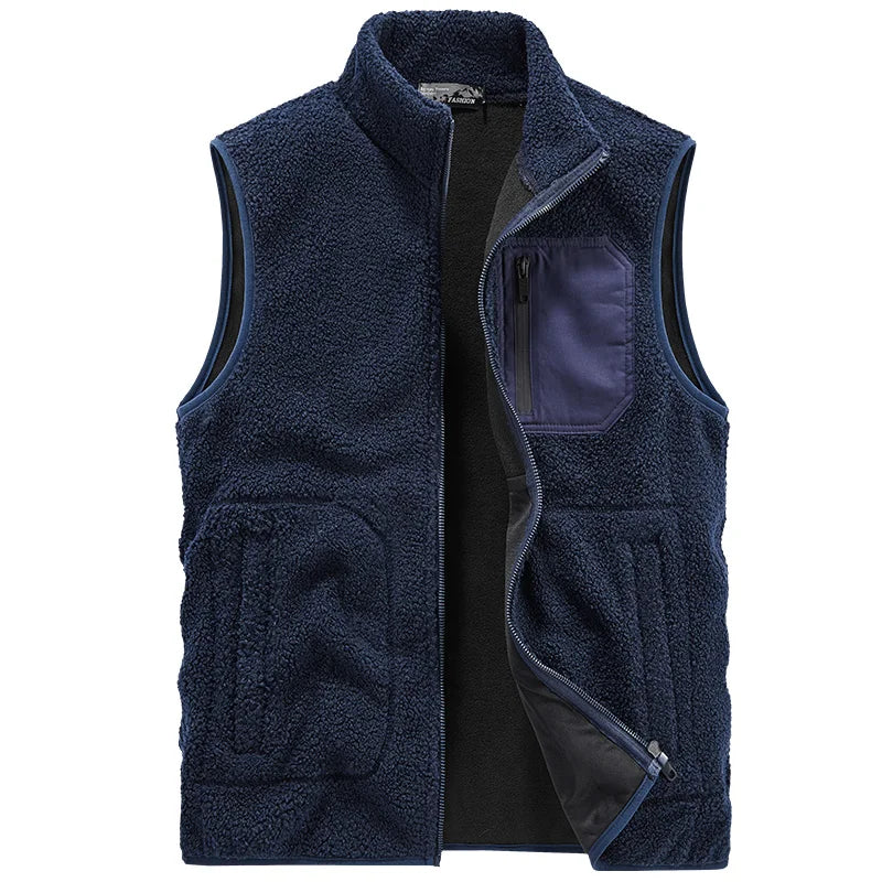 Detail of durable zipper & pockets on a practical unisex utility fleece vest. Great for winter warmth.