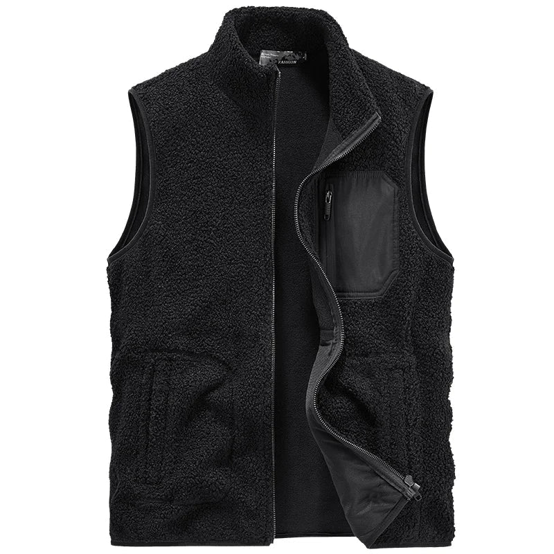 Warm unisex sherpa vest layered over a long-sleeve shirt. Essential cozy outerwear for cold weather and everyday use.