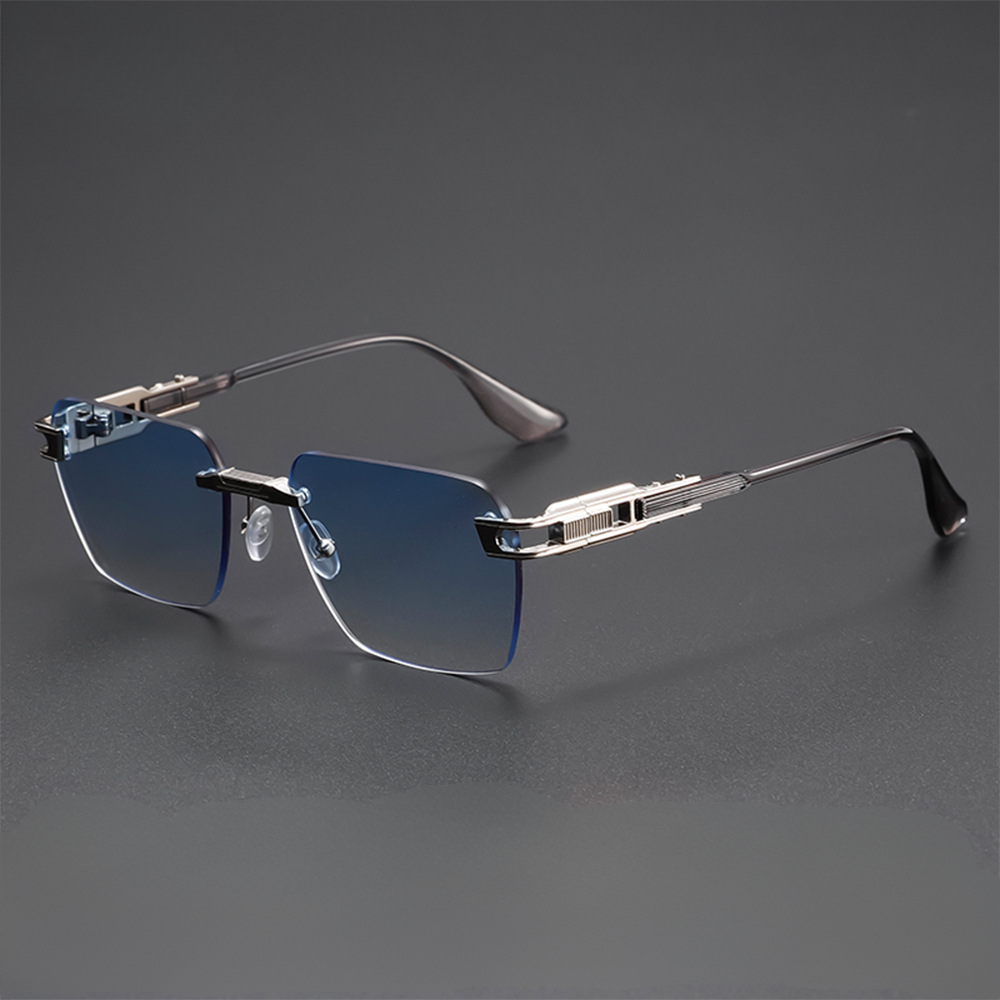 Close-up of lightweight unisex rimless aviator sunglasses showing clear lenses and comfortable fit.