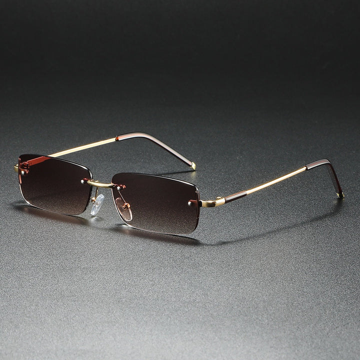 Fashionable unisex rimless rectangle sunglasses, boasting classic yet modern design with gradient lenses.