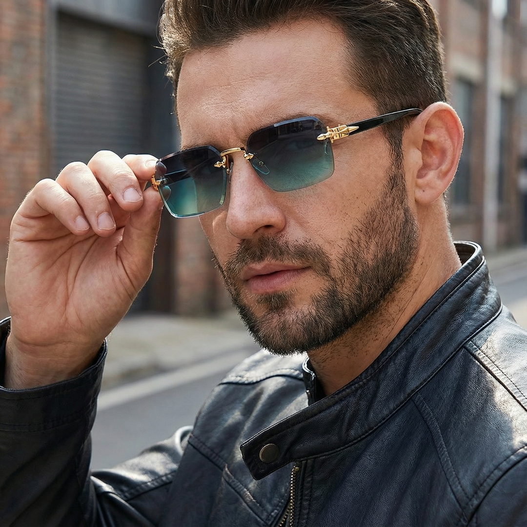 Unisex rimless square sunglasses with UV400 protection. Sleek, modern fashion eyewear accessory.