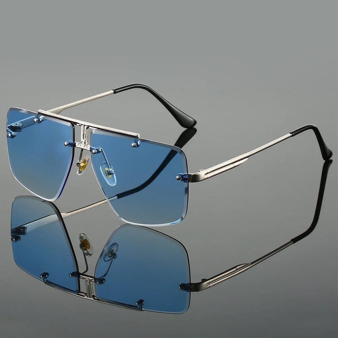 Unisex rimless square sunglasses with UV400 protection, lightweight and stylish fashion eyewear accessory.