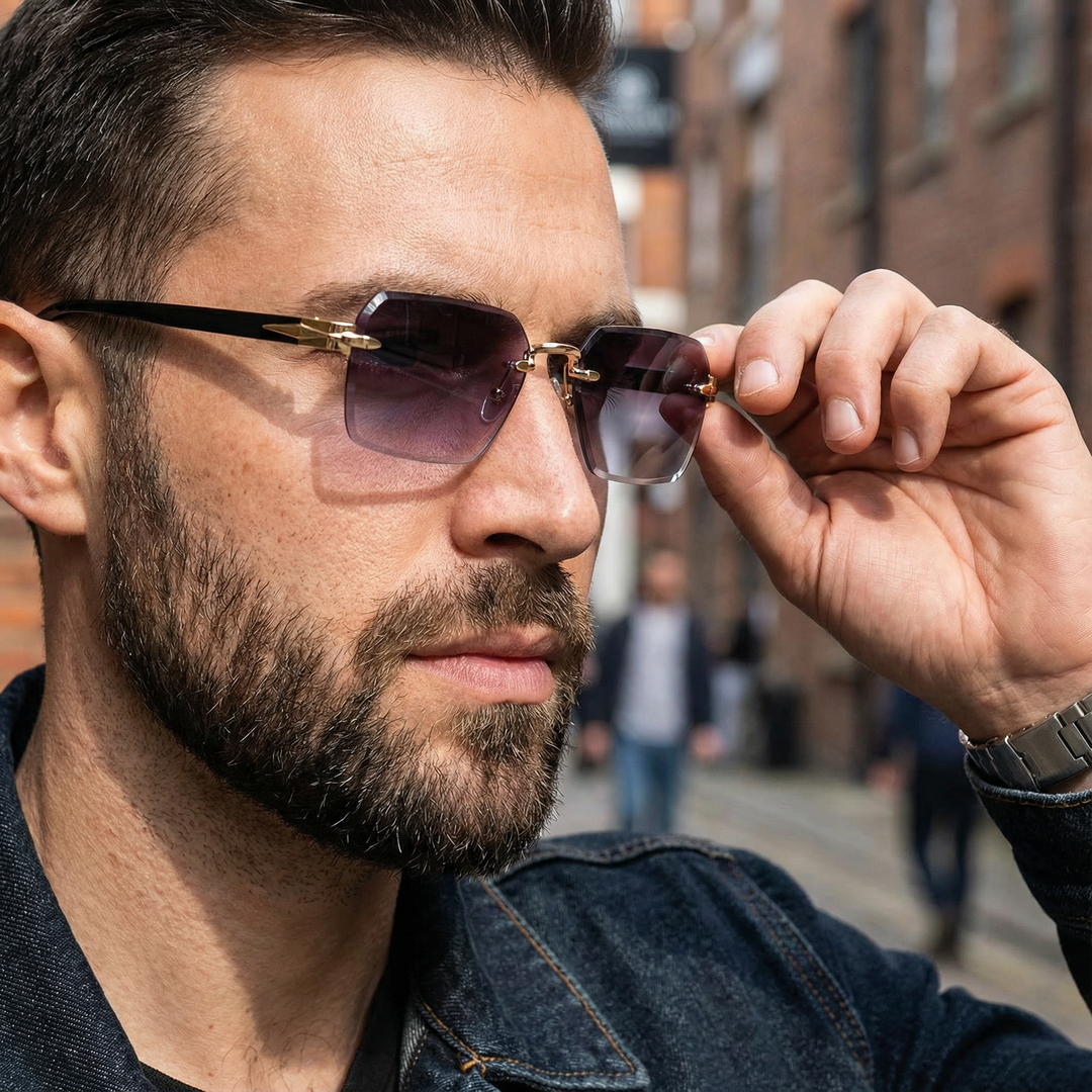Modern unisex rimless square sunglasses, perfect for street style and fashion. UV400 protection eyewear.