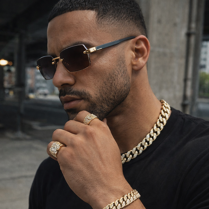 Sleek rimless square sunglasses offering UV400 protection. Unisex eyewear designed for comfort and style.