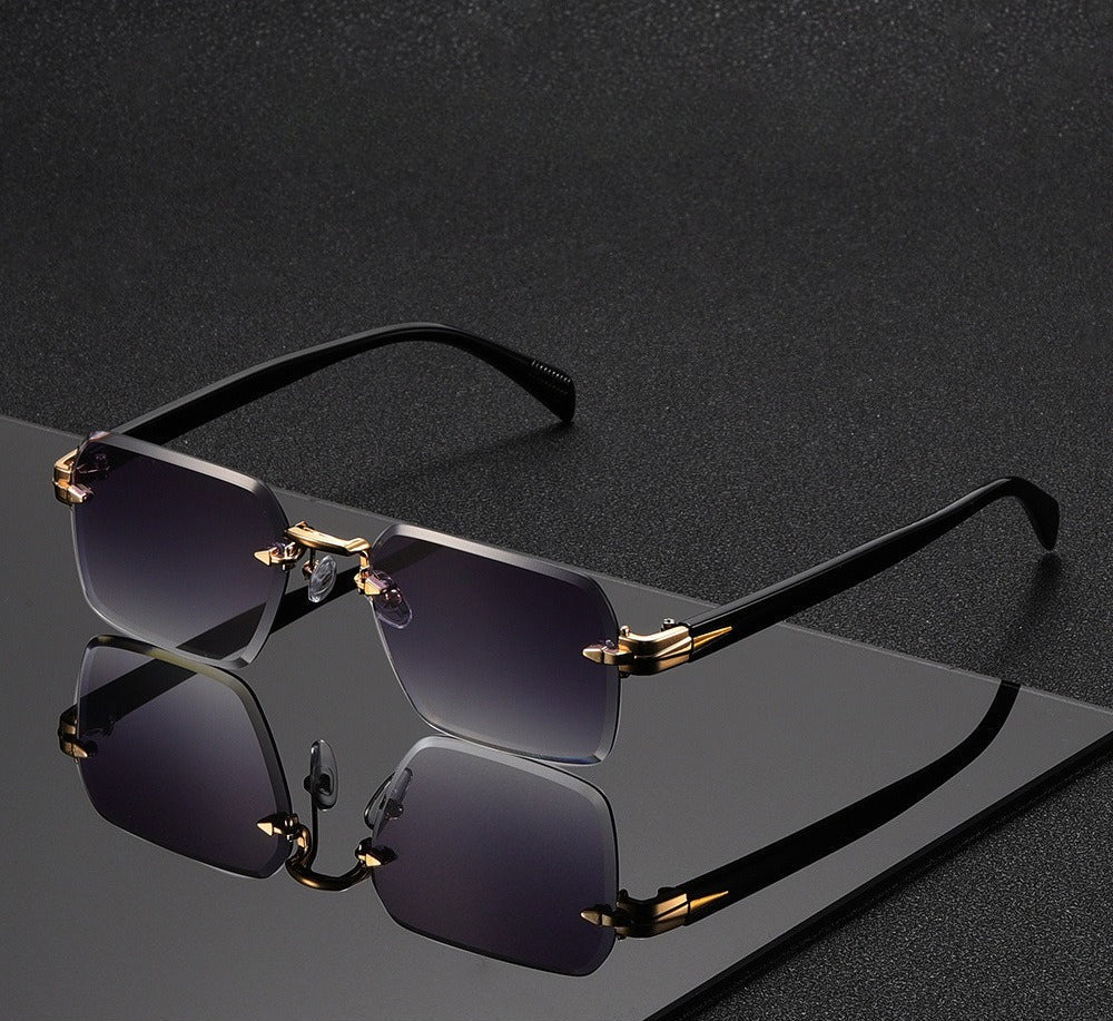 Street style unisex rimless square sunglasses. A modern fashion accessory providing essential UV400 protection.