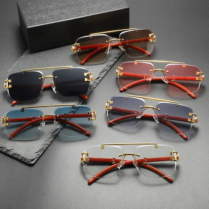 Fashionable unisex rimless sunglasses with unique dragon-engraved metal frames. Offers full UV eye protection.