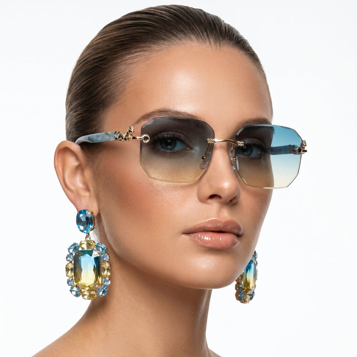 Versatile unisex rimless sunglasses offering superior UV protection. A must-have fashion accessory.