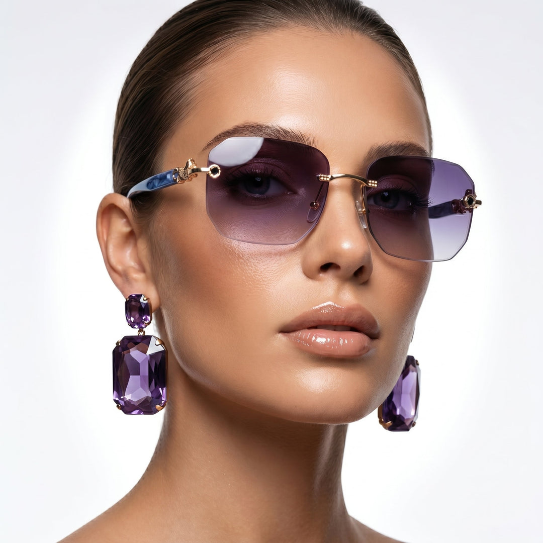 Person wearing unisex rimless UV protection sunglasses outdoors. Trendy summer fashion accessory.