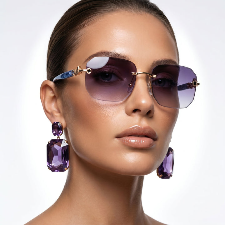 Person wearing unisex rimless UV protection sunglasses outdoors. Trendy summer fashion accessory.