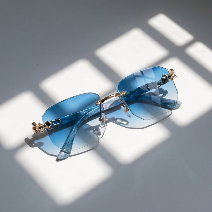 Front view of contemporary unisex rimless UV protection sunglasses. Chic eyewear for summer fashion.