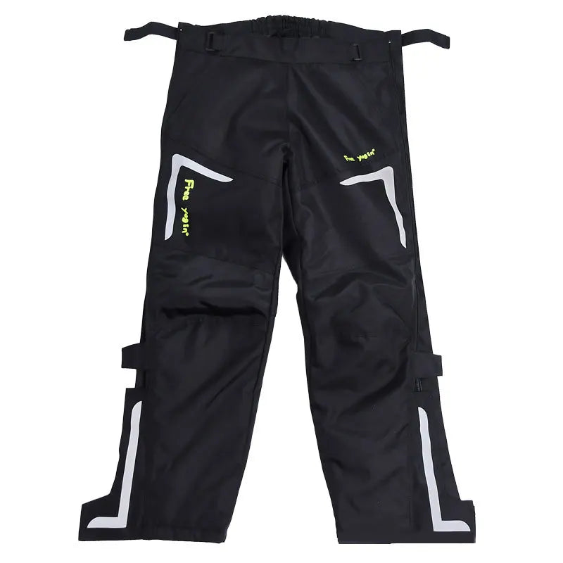 Detail of windproof motorcycle riding pants, highlighting reflective elements for visibility