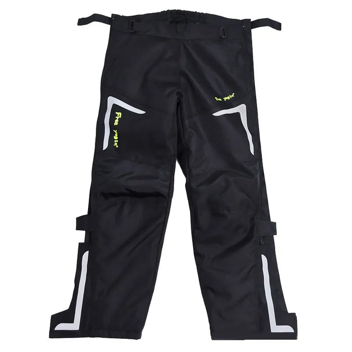 Detail of windproof motorcycle riding pants, highlighting reflective elements for visibility