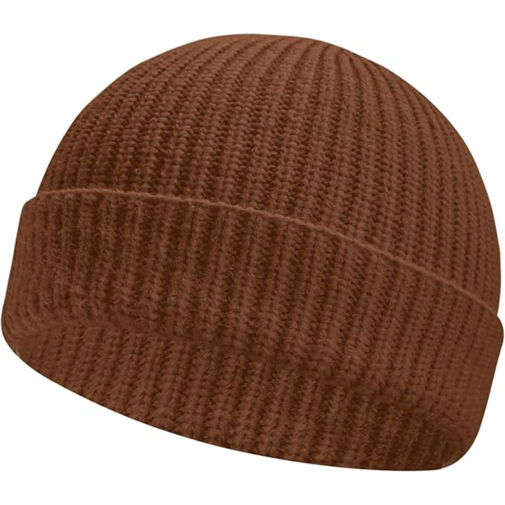 Close-up of low cuff on Robin unisex knitted beanie, highlighting knit detail, warm