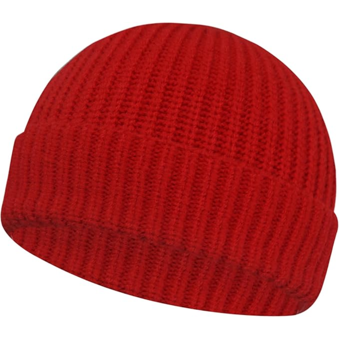 Side view of Robin unisex knitted beanie hat, low cuff, demonstrating snug fit, warm