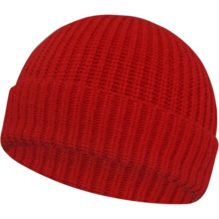 Side view of Robin unisex knitted beanie hat, low cuff, demonstrating snug fit, warm
