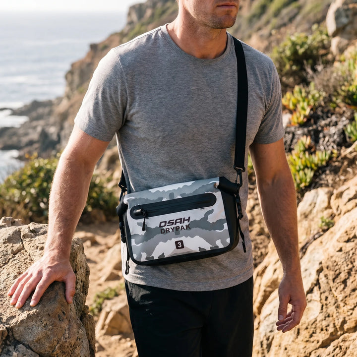 Unisex roll-top waist bag for outdoor adventures, travel, hiking & cycling. Water-resistant gear.