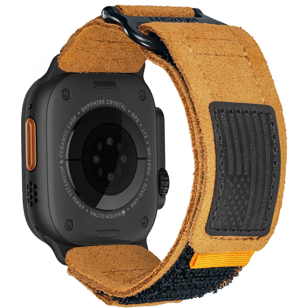 Close-up of a rugged suede tactical watch band, showcasing its texture, durability, and adventure-ready design.