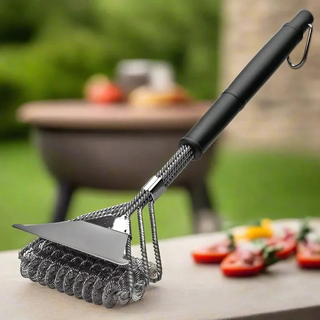 Unisex safe bristle-free stainless steel BBQ grill brush for effective outdoor cooking tool cleaning.