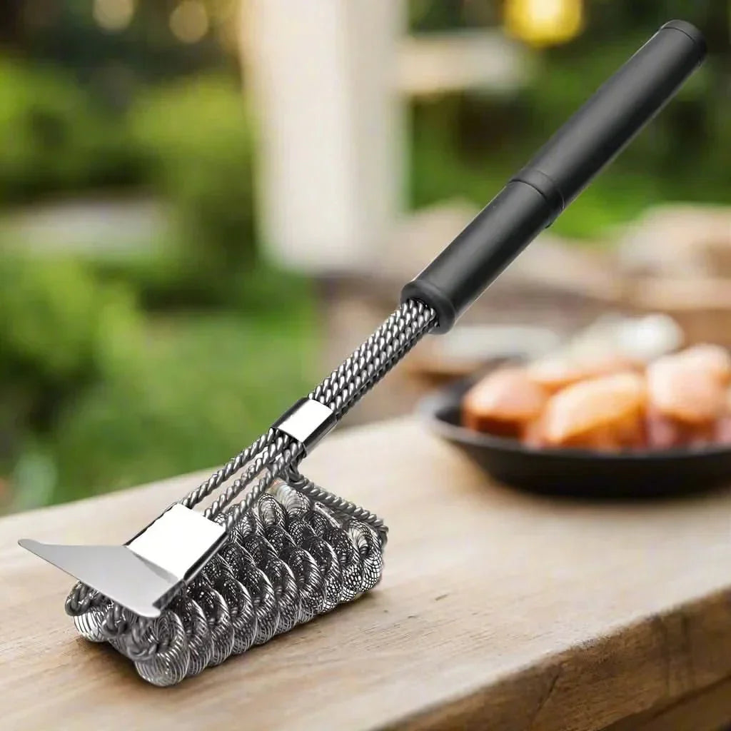 Durable stainless steel bristle-free grill cleaner, a safe barbecue brush for all outdoor cooking tools.