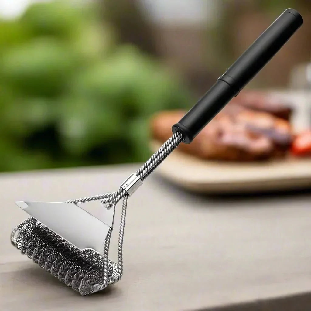 Safe bristle-free BBQ brush, premium stainless steel for effortless grill cleaning & outdoor cooking accessories.