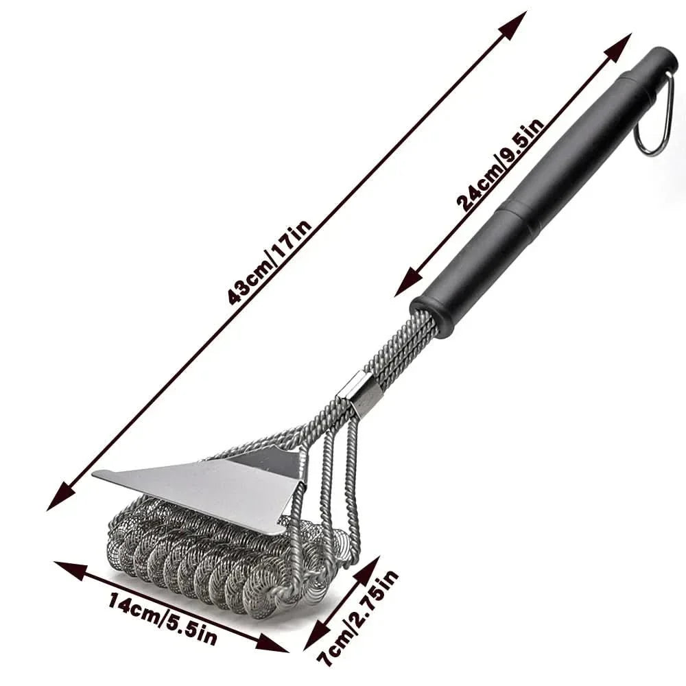 Ergonomic bristle-free stainless steel grill cleaner, a safe and durable BBQ brush for all outdoor cooking needs.