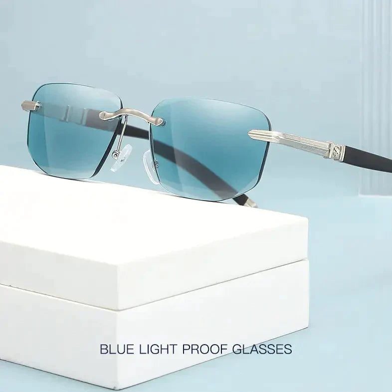 Unisex Sapphire anti-blue light reading & sunglasses with gold frame, polarized for UV protection & vision care.