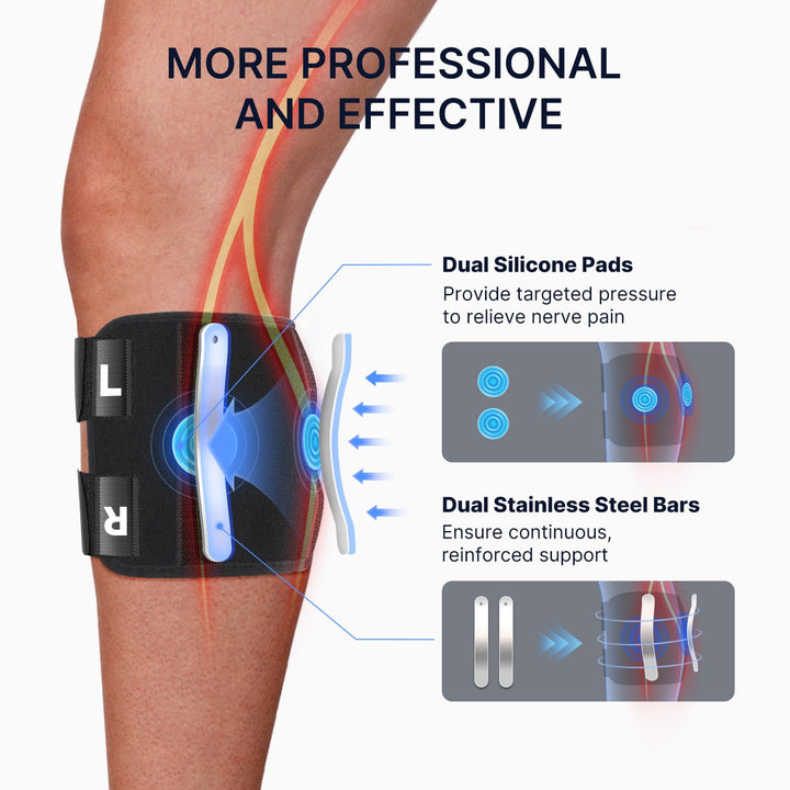 Adjustable sciatica knee brace for nerve & muscle pain relief and support.