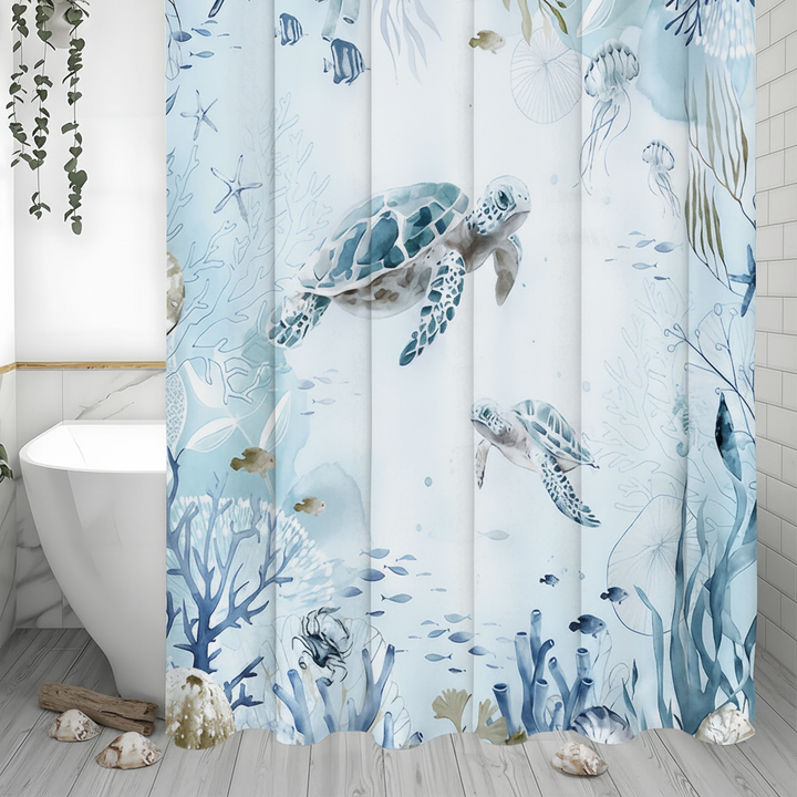 Unisex Sea Turtle Coastal Paradise shower curtain, marine theme bathroom decor