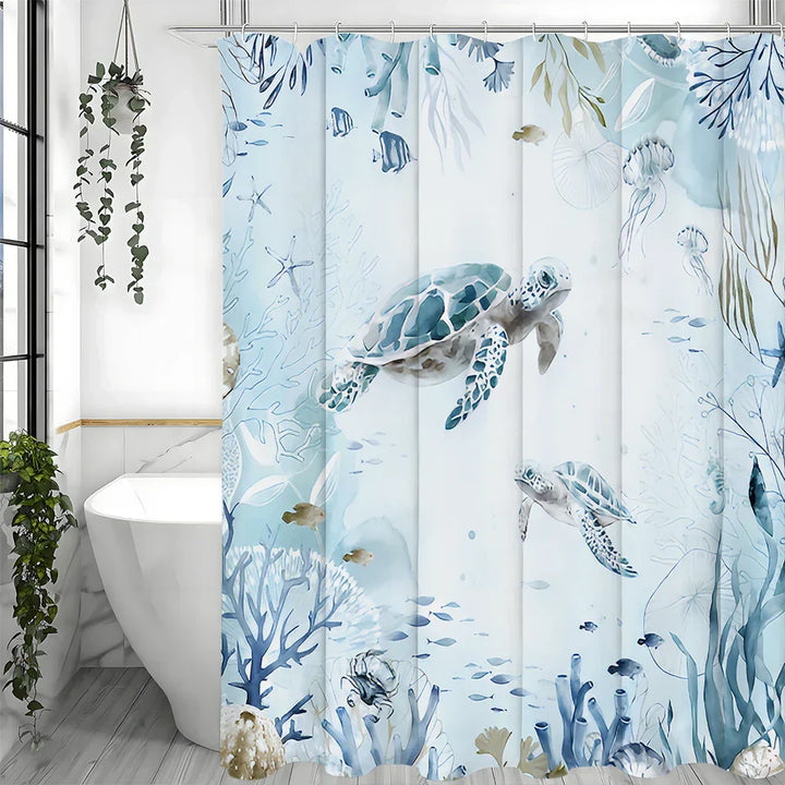 Close-up of Sea Turtle Coastal Paradise shower curtain, detailed marine life print