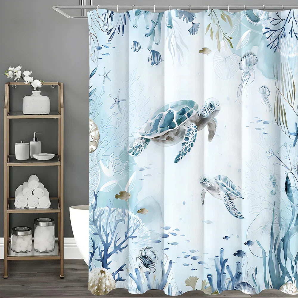 Full view of TurtleDrift shower curtain, sea turtles on coastal paradise background